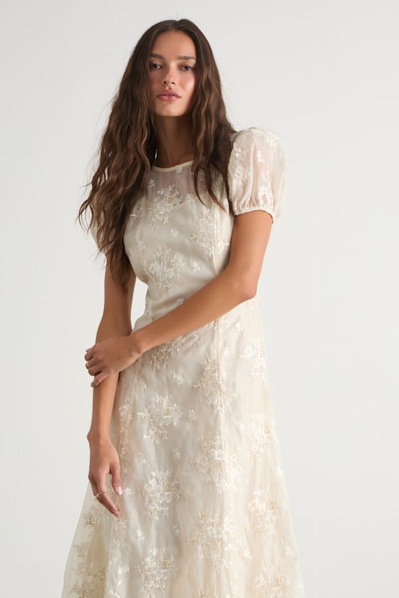 Elfrieda Cream Floral Embroidered Puff Sleeve Midi Dress