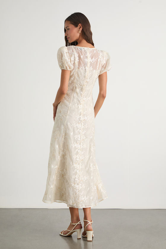 Elfrieda Cream Floral Embroidered Puff Sleeve Midi Dress