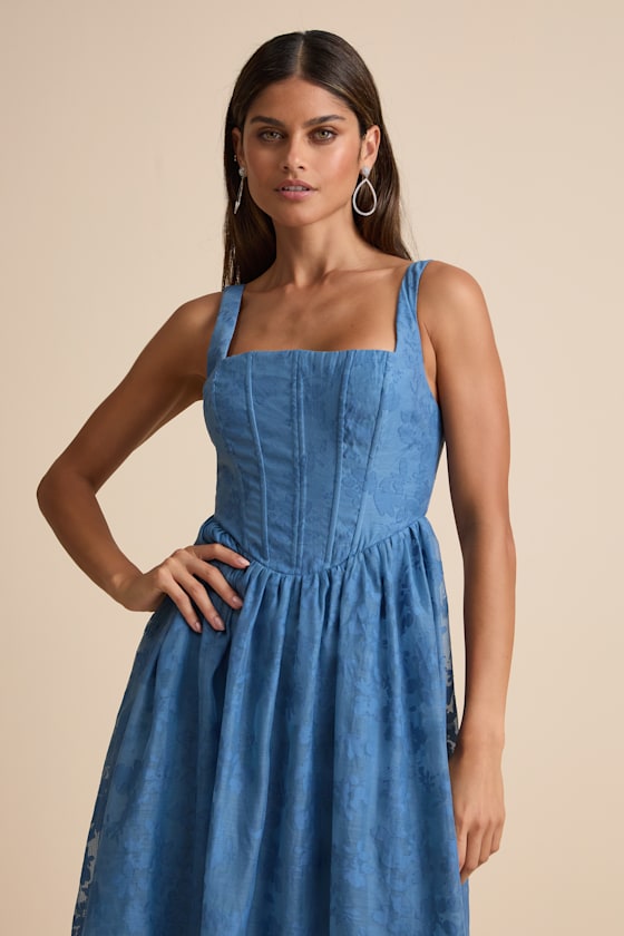 Colwyn Blue Floral Jacquard Bustier Midi Dress