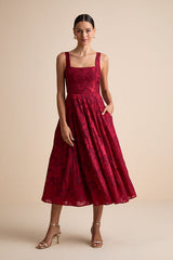 Loira Burgundy Burnout Jacquard Lace-Up Midi Dress