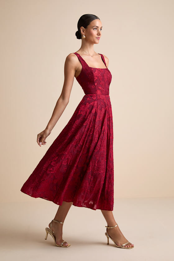 Loira Burgundy Burnout Jacquard Lace-Up Midi Dress