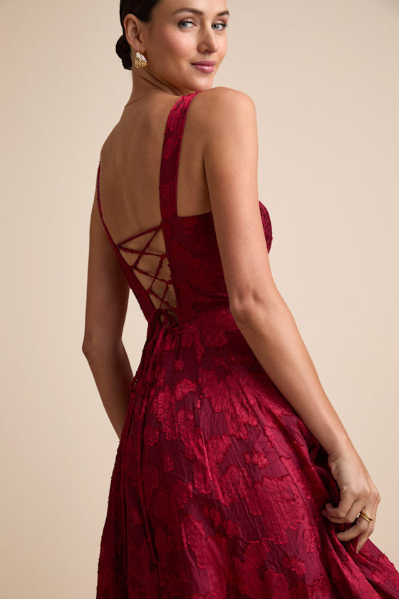 Loira Burgundy Burnout Jacquard Lace-Up Midi Dress