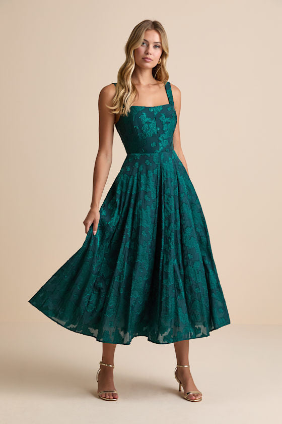 Loira Emerald Burnout Jacquard Lace-Up Midi Dress