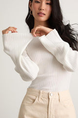 Nydia White Ribbed Long Sleeve Sweater Top
