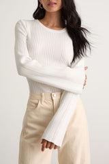 Nydia White Ribbed Long Sleeve Sweater Top