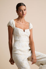 New Glam Cream Floral Jacquard Bustier Off-the-Shoulder Jumpsuit