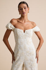 New Glam Cream Floral Jacquard Bustier Off-the-Shoulder Jumpsuit