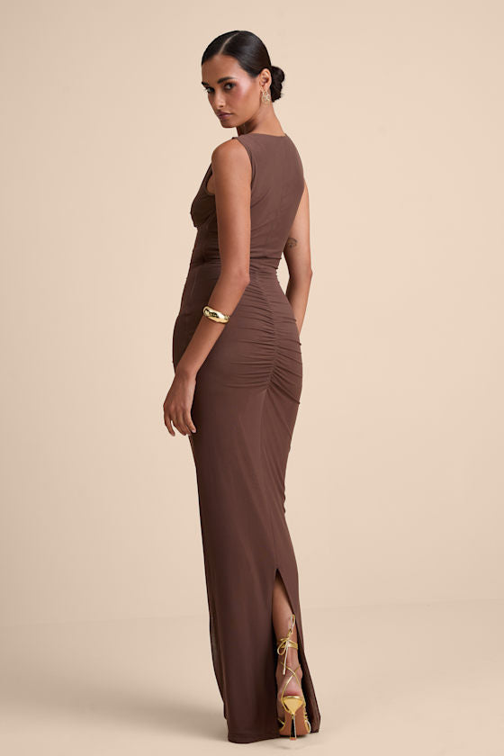 Aveline Brown Jersey Knit Ruched Bodycon Maxi Dress