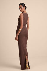 Aveline Brown Jersey Knit Ruched Bodycon Maxi Dress