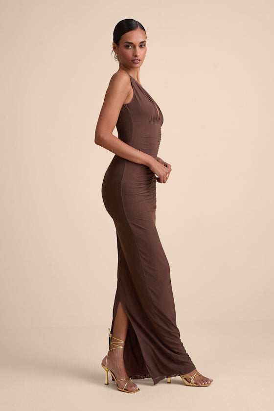 Aveline Brown Jersey Knit Ruched Bodycon Maxi Dress