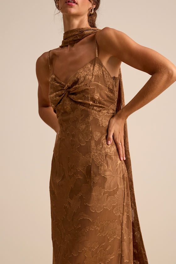 Rashona Light Brown Burnout Sash Scarf Maxi Dress