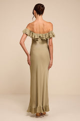 Eloisa Light Olive Satin Off-the-Shoulder Maxi Dress