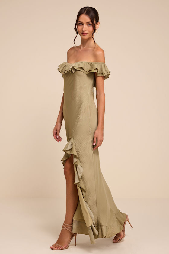 Eloisa Light Olive Satin Off-the-Shoulder Maxi Dress