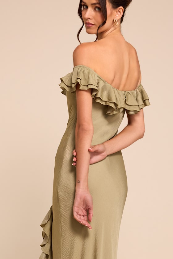 Eloisa Light Olive Satin Off-the-Shoulder Maxi Dress