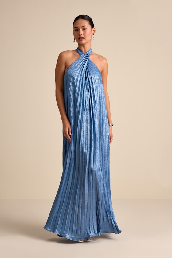 Gelsey Dusty Blue Pleated Halter Shift Maxi Dress