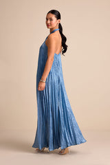 Gelsey Dusty Blue Pleated Halter Shift Maxi Dress