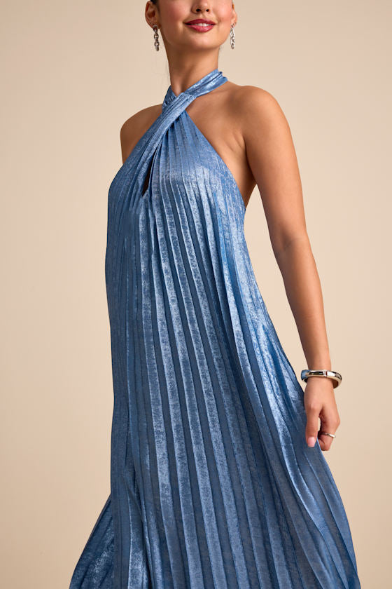 Gelsey Dusty Blue Pleated Halter Shift Maxi Dress
