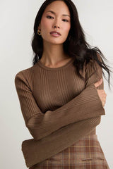 Nydia Brown Ribbed Long Sleeve Sweater Top