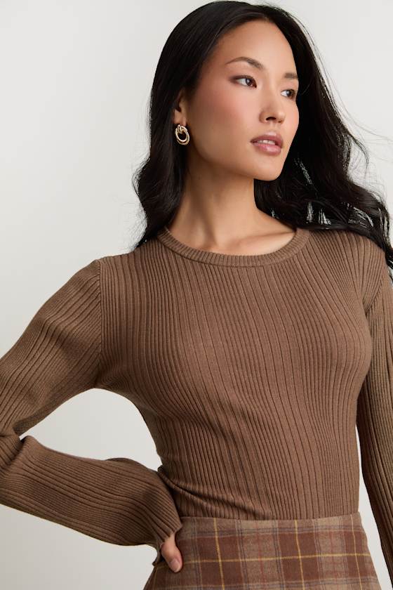 Nydia Brown Ribbed Long Sleeve Sweater Top