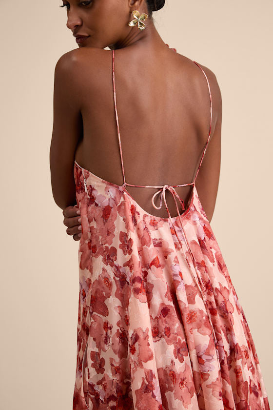 Dezzi Blush Multi Floral Halter Shift Maxi Dress