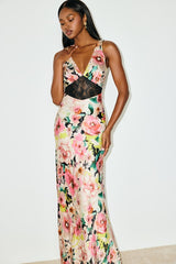 Solaina Pink and Black Multi Floral Satin Lace Maxi Dress