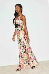 Solaina Pink and Black Multi Floral Satin Lace Maxi Dress