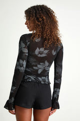 Glynn Black Floral Mesh Long Sleeve Top