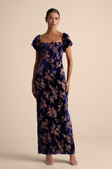 Confidently Impressive Blue Velvet Off-the-Shoulder Maxi Dress