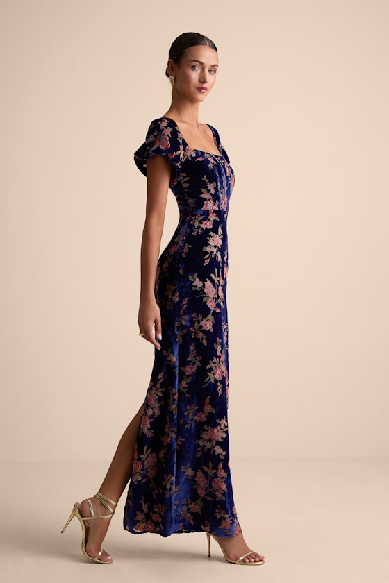 Confidently Impressive Blue Velvet Off-the-Shoulder Maxi Dress
