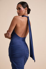Seraiah Navy Knotted Ruched Halter Maxi Dress