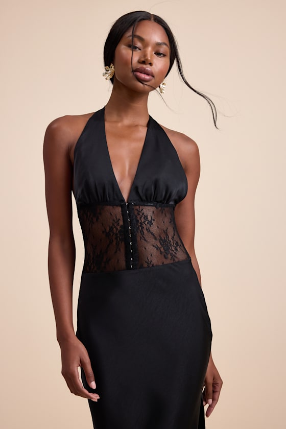 Lennon Black Satin Lace Halter Maxi Dress