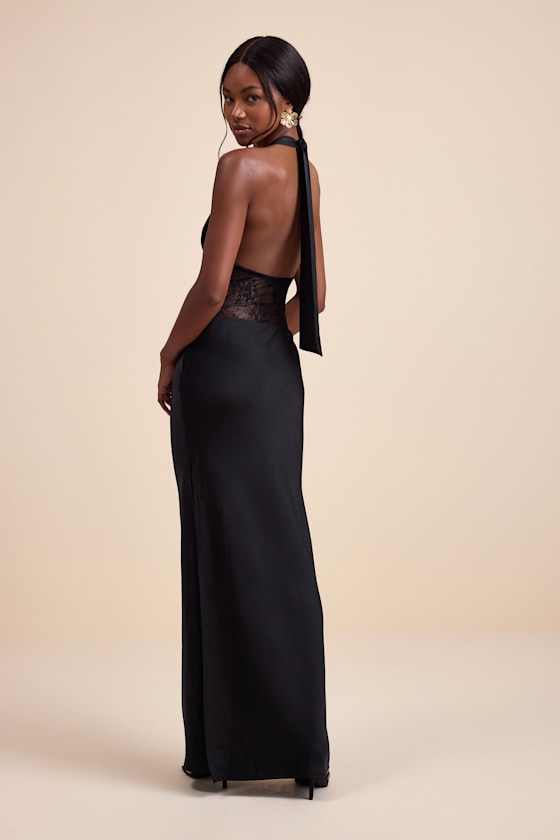 Lennon Black Satin Lace Halter Maxi Dress