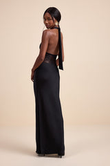 Lennon Black Satin Lace Halter Maxi Dress