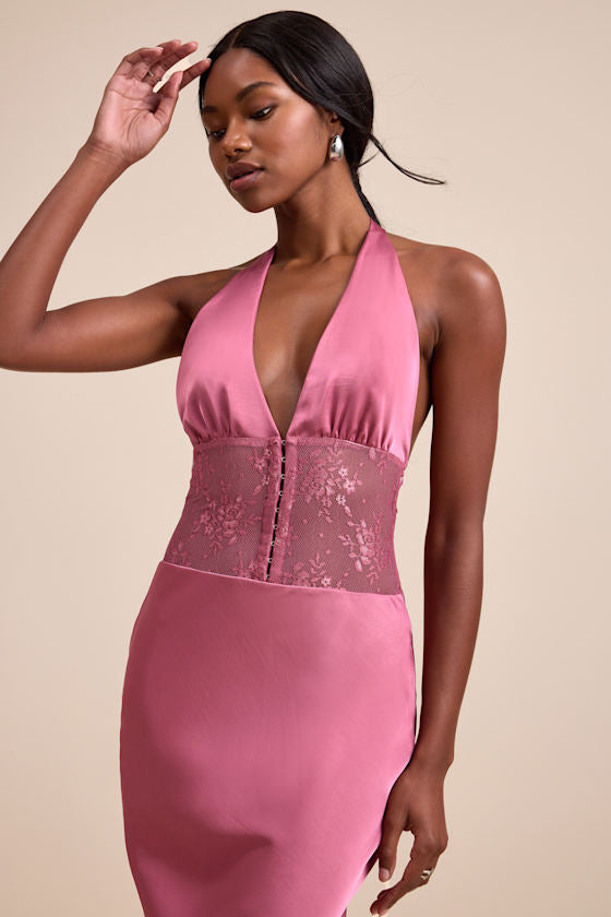 Lennon Mauve Pink Satin Lace Halter Maxi Dress