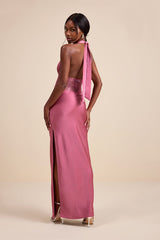Lennon Mauve Pink Satin Lace Halter Maxi Dress
