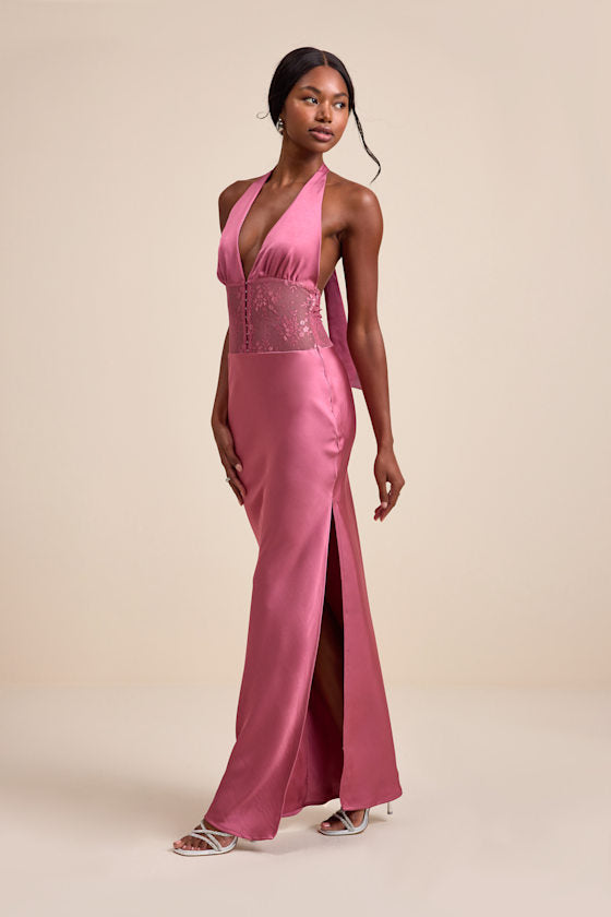 Lennon Mauve Pink Satin Lace Halter Maxi Dress