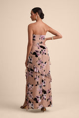 Chelisa Beige Floral Ruffled Strapless Bustier Maxi Dress