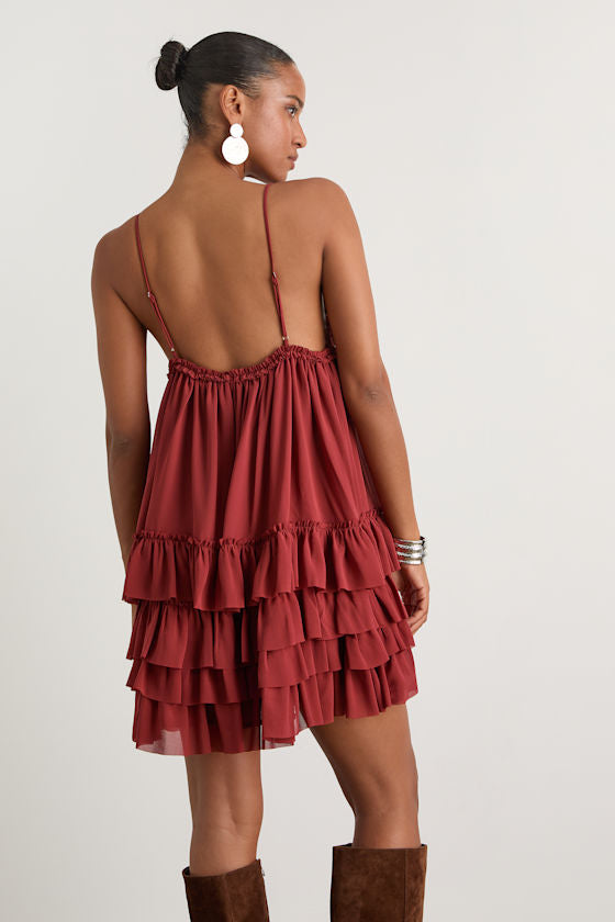Asuka Rust Ruffled Tiered Mini Dress