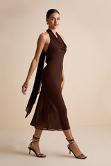 Eshai Brown Cowl Halter Midi Dress