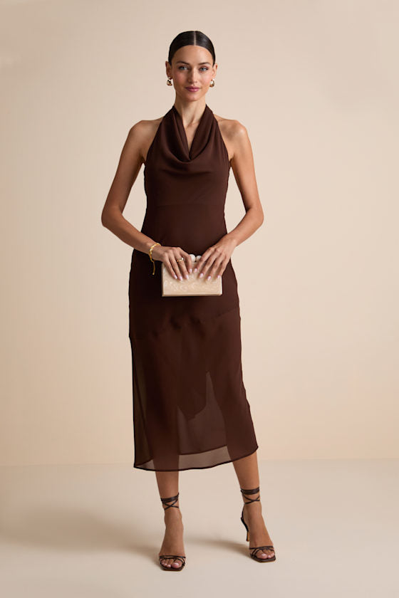 Eshai Brown Cowl Halter Midi Dress