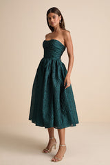 Analeia Dark Teal Jacquard Lace-Up Strapless Midi Dress