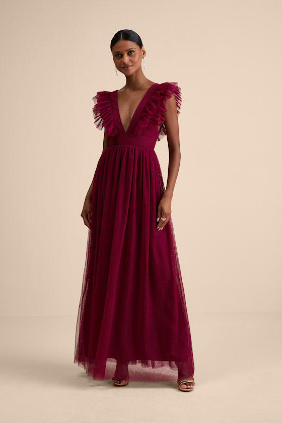 Simply Delighted Burgundy Mesh Ruffled Backless Maxi Dress
