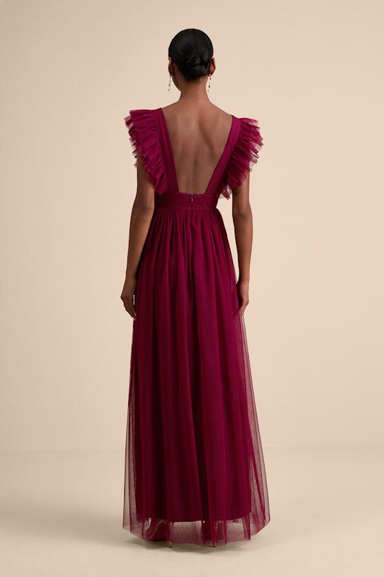 Simply Delighted Burgundy Mesh Ruffled Backless Maxi Dress