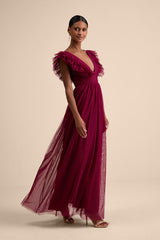Simply Delighted Burgundy Mesh Ruffled Backless Maxi Dress