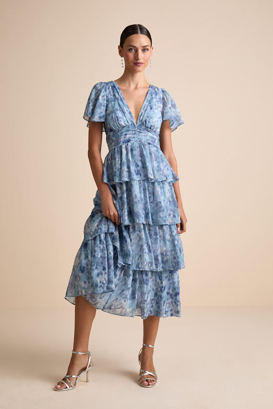 Nalia Blue Abstract Print Tiered Tie-Back Midi Dress