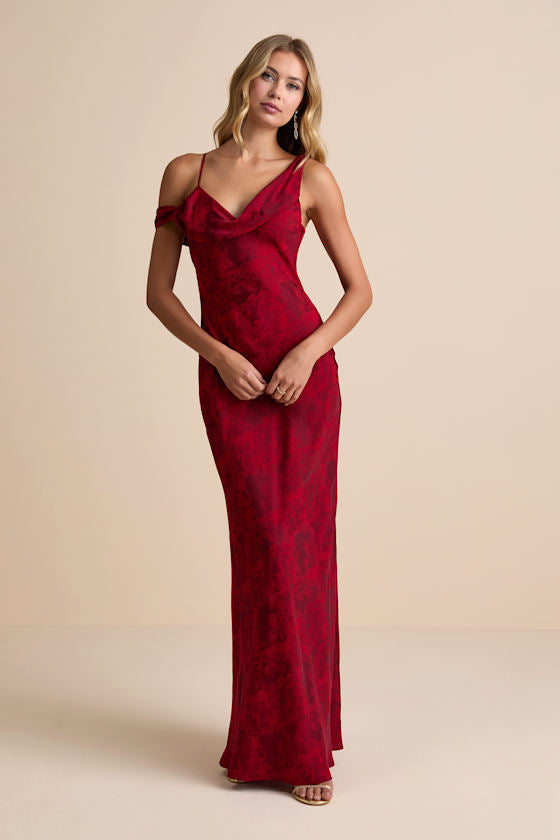 Minnie Red Satin Jacquard Asymmetrical Maxi Dress
