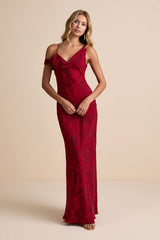 Minnie Red Satin Jacquard Asymmetrical Maxi Dress