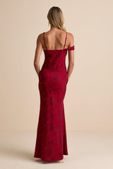 Minnie Red Satin Jacquard Asymmetrical Maxi Dress