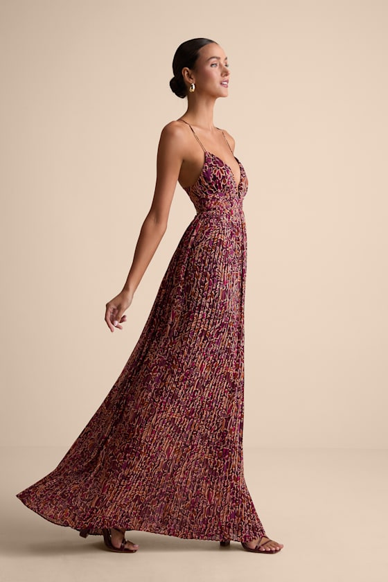 Kit Plum Multi Floral Pleated Lace-Up Maxi Dress