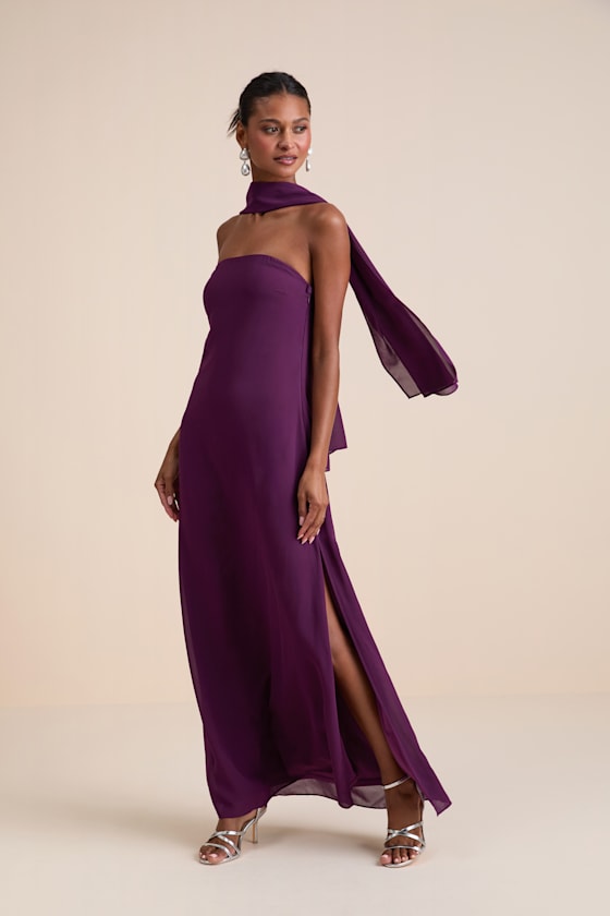 Rawya Plum Purple Strapless Maxi Dress and Scarf Set